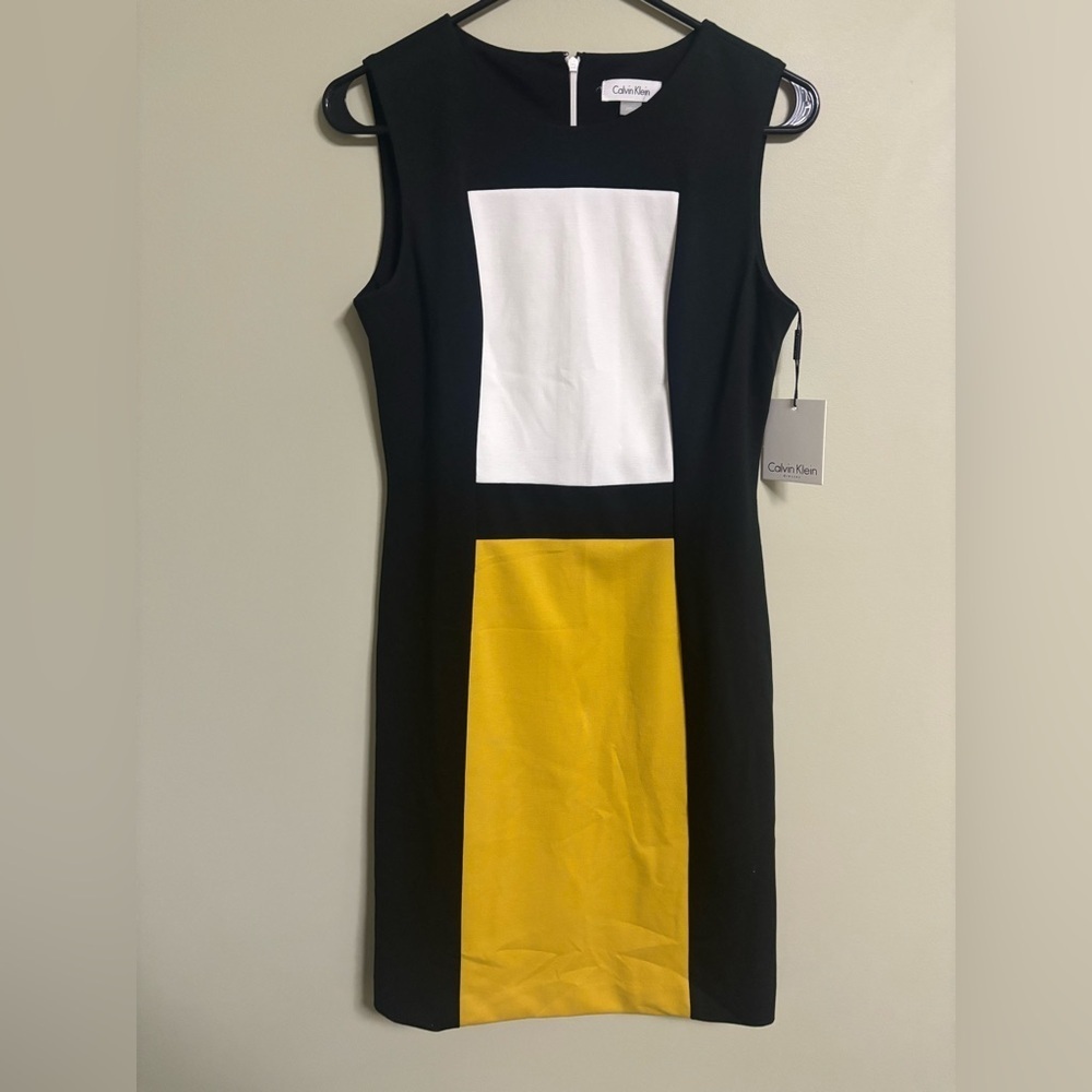 Calvin Klein Size 6 Small Black Gold Color Block Sleeveless Dress Ponte New
